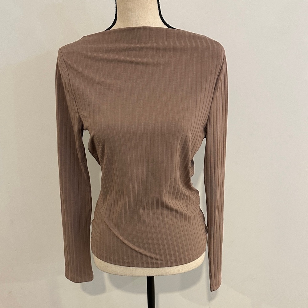 Anthropology Pebble & Stone Taupe Ribbed Long Sleeve Top Fitted Large Boat Neck